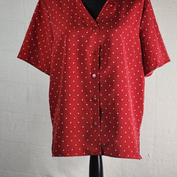 Kathie Lee Collection Vtg Brick Red White Polka Dot Poly Button Up SS Top Sz XL - Picture 4 of 16